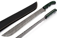 Custom Handmade Damascus Steel Machete Sword Green Pakka WoodHandle With Sheath.
