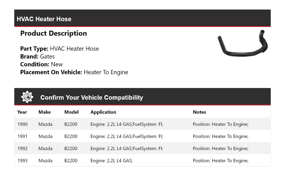 Para Mazda B2200 1990-1993 2,2 L L4 Gas HVAC Calentador Manguera Calentador para Puertas del Motor Foto 2 de 4