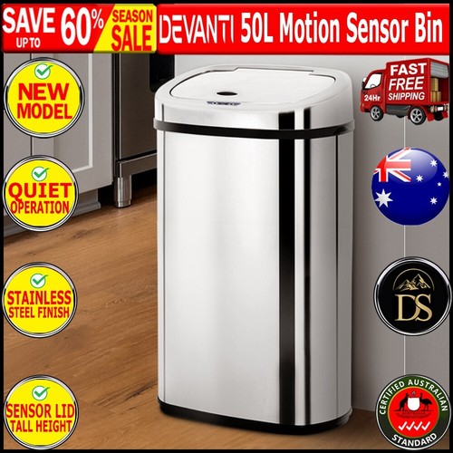 Devanti 50L Stainless Steel Motion Sensor Bin Rubbish Trash Can