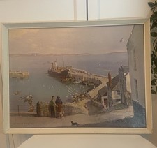 Vintage Sea View Oil Painting Print   Cornish Harbour Mid Century Vernon Ward