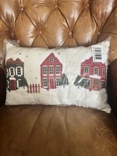 Printed  Embroidered Christmas Houses Throw Pillow Rectangle New Sealed 14x22