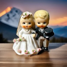 50  s LEFTON Bride  Groom Bell Figurine Couple, Wedding Cake Topper Blonde READ