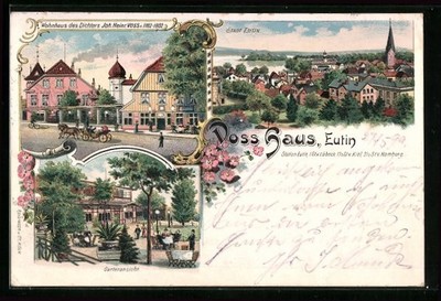 Lithographie Eutin, Voss-Haus, Gartenansicht, Ortsansicht 1899 