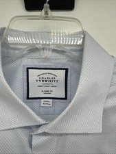 Charles Tyrwhitt Dress Shirt Mens 17/37 Blue micro check Classic Fit Non Iron