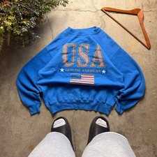 Hanes Vintage 90s USA Genuine American Flag Crewneck Sweatshirt Blue