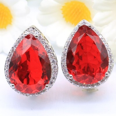 Buy 2 Get 1 Free Created Red Blood Rubies CZ Women Present Silver Earrings