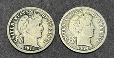 1911-P & 1914-D Barber Dime 90% Silver Fine F or Better