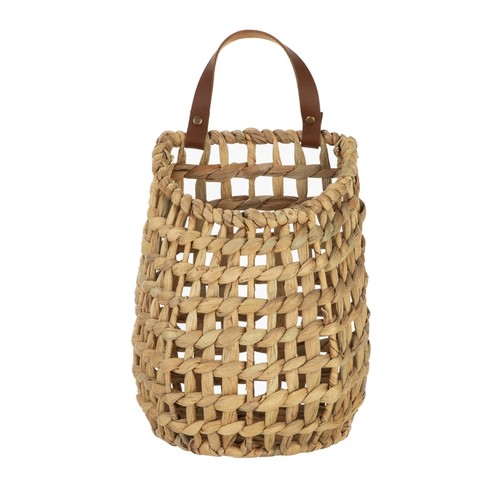 Cesta colgante tejida a mano jacinto de agua mango de cuero sintético almacenamiento decorativo - Imagen 2 de 15