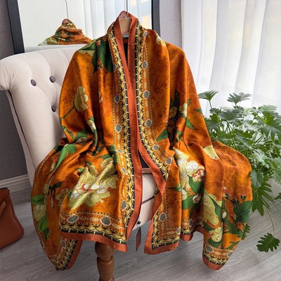 Luxury Floral Silk Scarf 90x180cm Women Soft Lightweight Long Shawl Wrap Hijab