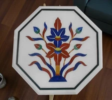 Pietra Dura Art Side Table with Royal Look 12" White Marble Coffee Table for Bar