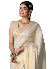 Women's Kerala Kasavu Golden Tissue Plain Saree with Running Blouse
