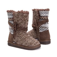 MUK LUKS Medium Brown  Gray Clementine Boot faux fur lined fair isle Women sz 7