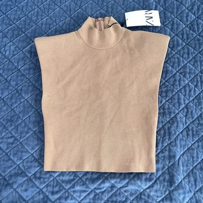 Zara Top Women s Small Shirt Camel Brown Tan Shoulder Pad Crop Knit B17