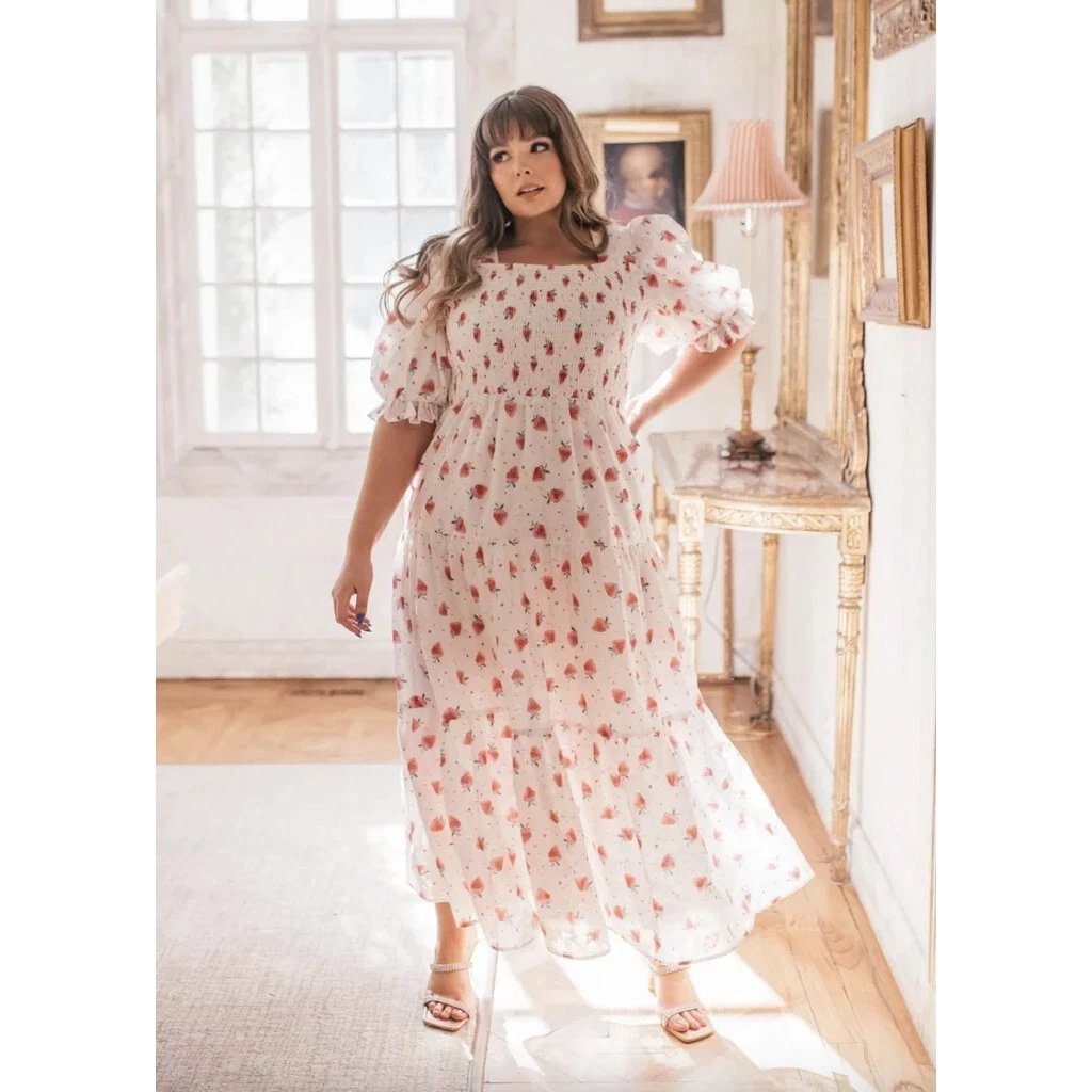 JessaKae strawberry print berries and cream puff sleeve maxi dress