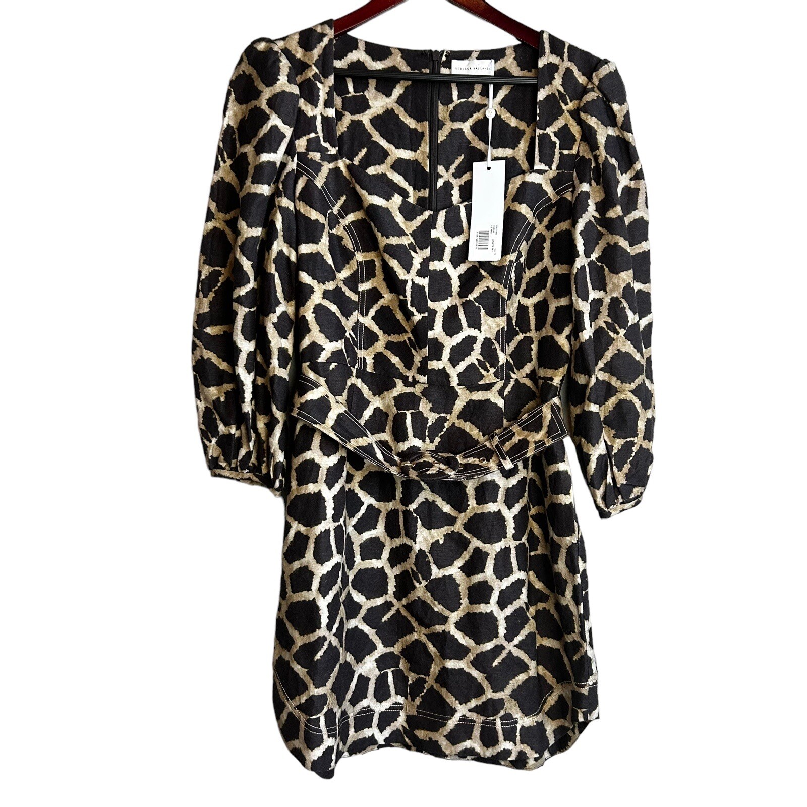 Mini Vestido Rebecca Vallance Acacia Talla 8 Estampado Jirafa Manga Abullonada Lino Cinturón