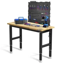 WORKPRO 48" Adjustable Workbench w/2 Pack 16"x32" Metal Pegboard Rubber Wood Top
