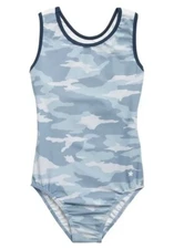 Athleta Girl Destira Tuck & Tumble Camo Lux Blue Leotard & Scrunchie NWT Large 