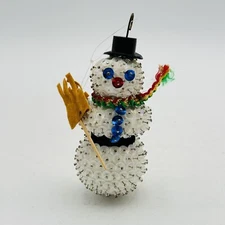 Vintage Snowman Beaded Sequins Push Pin Christmas Ornament MCM Ear Muffs