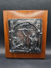 Vintage Religious Serpente Di Bronzo Wooden & Cast Metal Pewter Plaque 8x9 