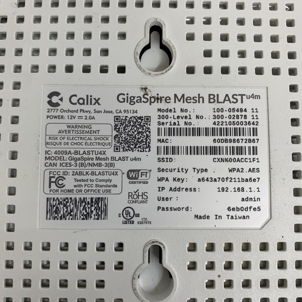 Calix GigaSpire Blast u4GM1028 / Mesh wifi PN: 100-05494
