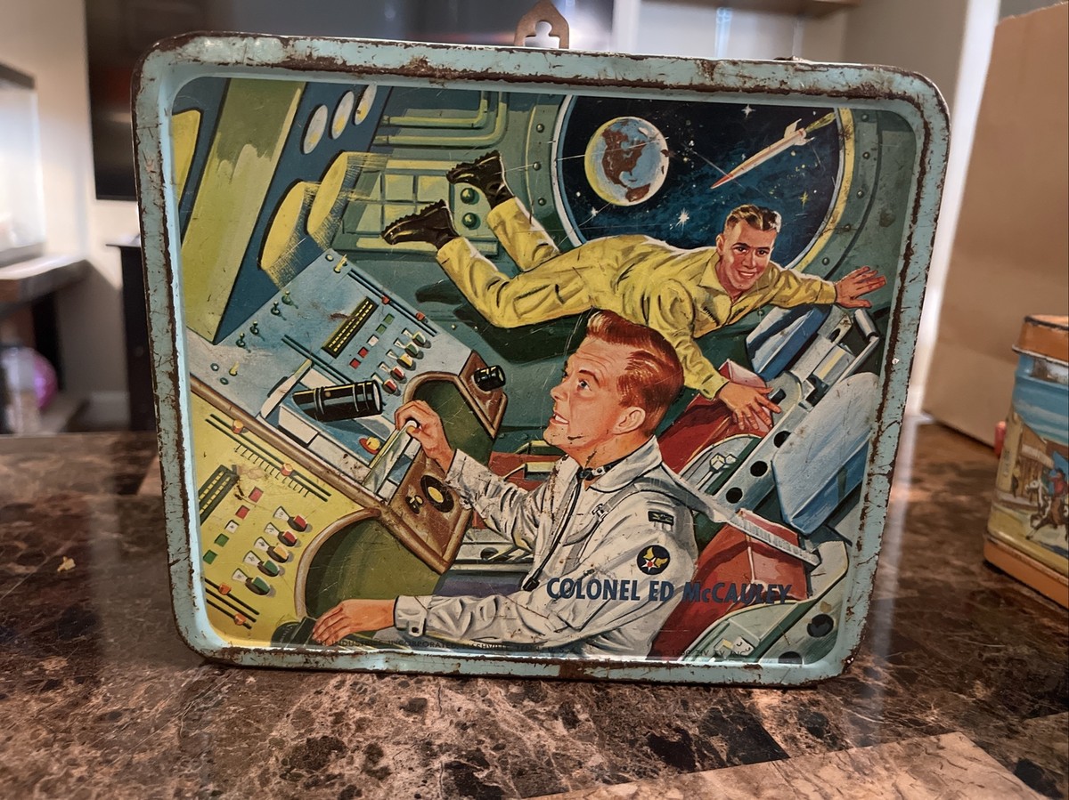 60s? Monticello 開襟 BOX 柄合わせポケット Lサイズ Vintage 1960 COLONEL ED McCAULEY Space Explorer Metal Lunch Box