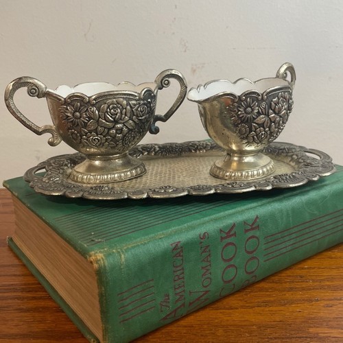 Vintage Silver Plated Creamer Sugar Bowl Tray Set Floral Design Ornate Decor