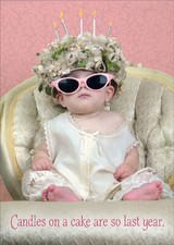 Baby with Candle Hat and Pink Sunglasses Funny Birthday Card for Her Woman