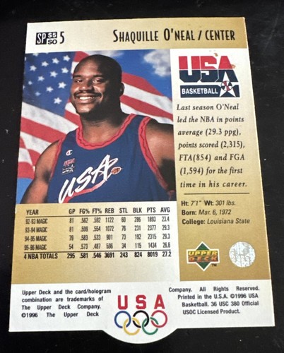 1996-97 Die Cut UD USA Basketball Shaquille Shaq O'Neal SO5 SP Foil Flag RWB - Bild 2 von 2
