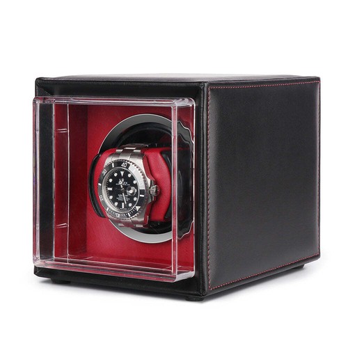 Single Watch Winder Black Leather Red Lining Mains or Battery by Aevitas - Picture 2 of 11