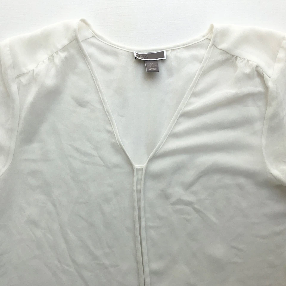 Y2K White Slinky Sheer Cap Sleeve Office Siren V-Neck Side Slit Blouse XS S M - Image 4 of 4