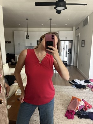 Susan Graver Women's XXS Red Solid V-Neck Sleeveless Ring Accent Jersey Tank