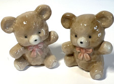 2 Vintage Otagiri Ceramic Beige Teddy Bear w/ Pink Bow Tie Japan Sitting 2  