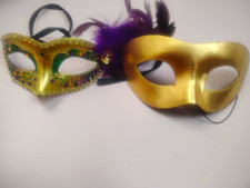 2 Pack Mardi Gras Masquerade Gold Eyemask Set w/ Purple Feathers Adjustable