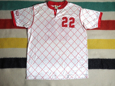 VTG 80s 90s Umbro Red White Hex USA Made Shiny Retro Soccer Jersey Mens L