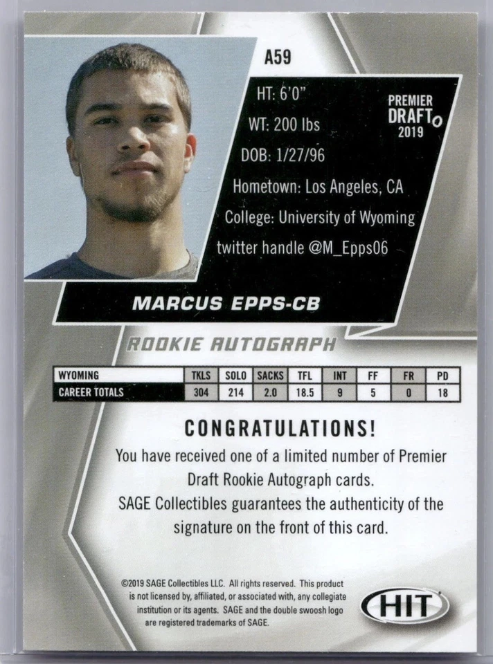 2019 Marcus Epps Sage Hit Black Premier Draft Rookie Autograph Card# A59 - Image 2 of 2