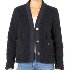 TOMMY HILFIGER Womens Medium Navy Blue Teddy Bear Button Sherpa Cardigan Sweater