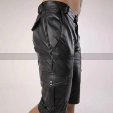 Luxury Men's Black Leather Shorts Real Sheepskin Stylish Cargo Shorts Pant