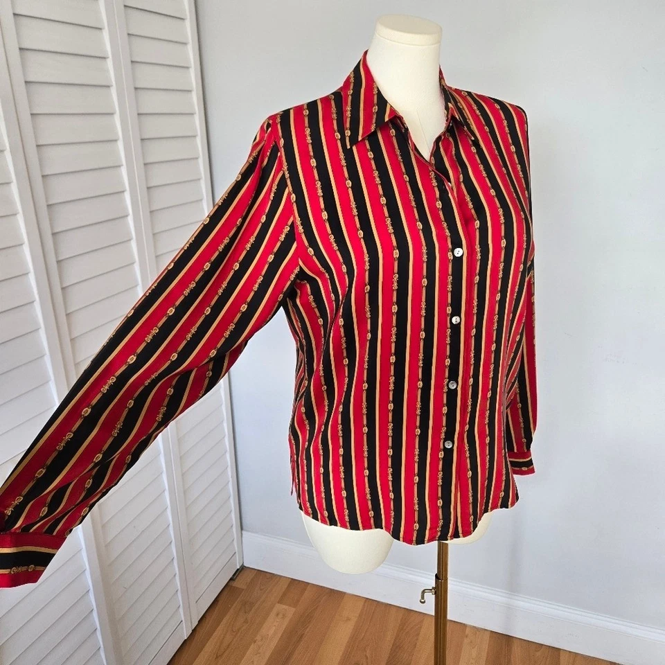 Blusa Talbots Estampado de Cadena Seda Abotonada Talla 16 De Colección Ecuestre Clásica Preppy Foto 3 de 4