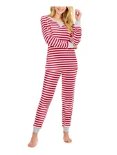 FAMILY PJs Womens Red Ribbed Long Sleeve T-Shirt Top Cuffed Pants Pajamas L