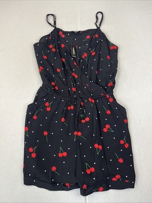 NWT Express Black Red Cherry Romper White Polkadots Size Large