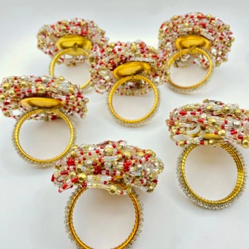 Anillos de servilleta PIER 1 cuentas oro rojo brillante flor vacaciones boho étnico - Lote de 6 Foto 4 de 4