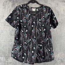 Scrubstar Giraffe Floral Print Scrub Top Womens Size Small Black