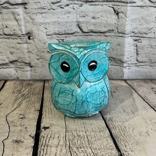 12cm x 10cm Green Flower Wooden Shabby Owl Statue Ornament Fair Trade Handcarved - Picture 2 of 11