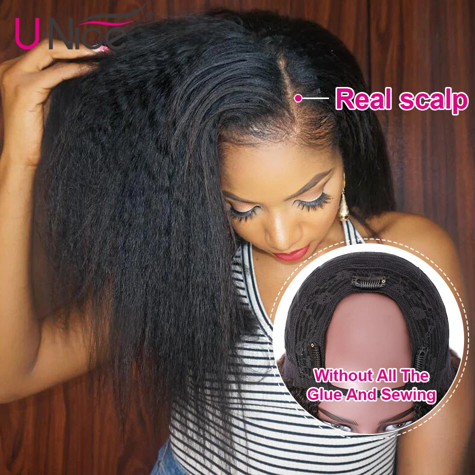 UNice Cambodian Kinky Yaki Straight U Part Human Hair Wigs 180% Density Glueless - Image 4 of 4