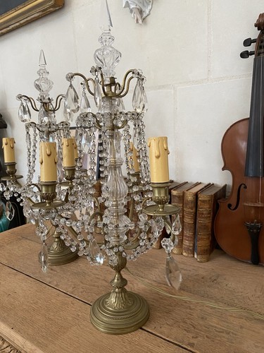 ANTIQUE FRENCH LOUIS XVI BRONZE CRISTAL PENDANT GIRONDOLES CANDELABRA TABLE LAMP - Picture 7 of 24
