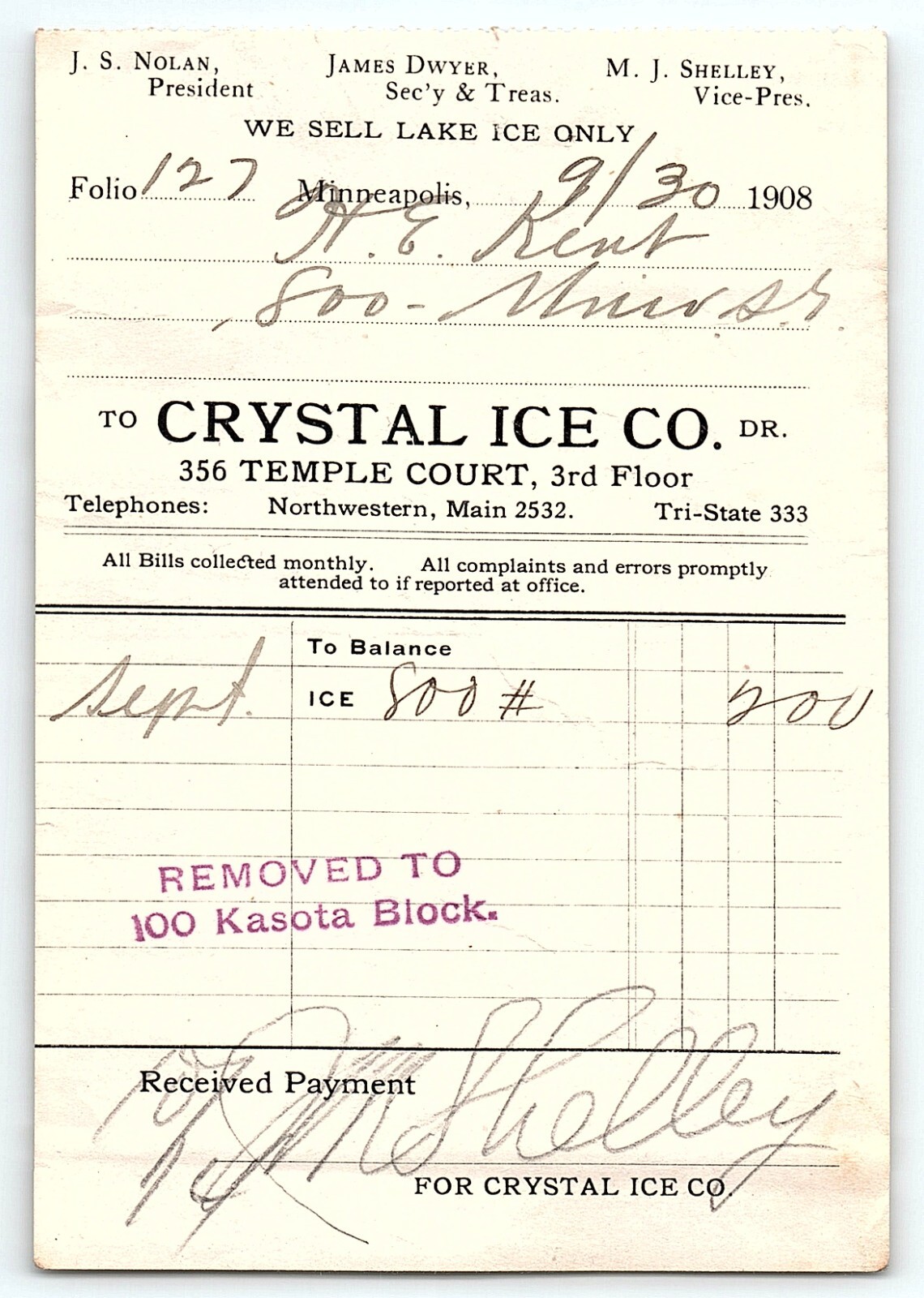 1908 CRYSTAL ICE CO 356 TEMPLE COURT WE SELL LAKE ICE ONL INVOICE BILLHEAD Z7052