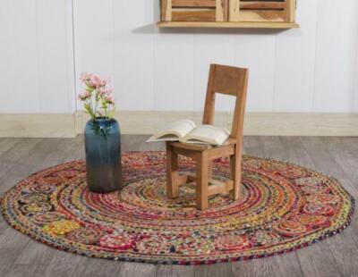 Round Rug Hand Braided Jute Cotton Carpet Farmhouse Living, Kitchen Area Rug pad