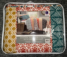 Lush D cor Bohemian Stripe Reversible Quilt 3 Piece FULL QUEEN Set Blue Orange