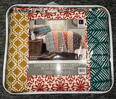 Lush Décor Bohemian Stripe Reversible Quilt 3 Piece FULL QUEEN Set Blue Orange