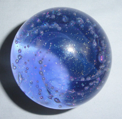 VTG 1990 CC WALTERS ARTIST SIGNED BLUE GLASS PAPERWEIGHT GLITTER & BUBBLES 2.75''